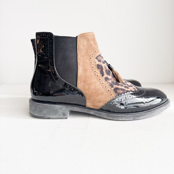 BeautyFeel Black Patent Leather Suede Animal Print Booties 42 - Picture 2 of 7